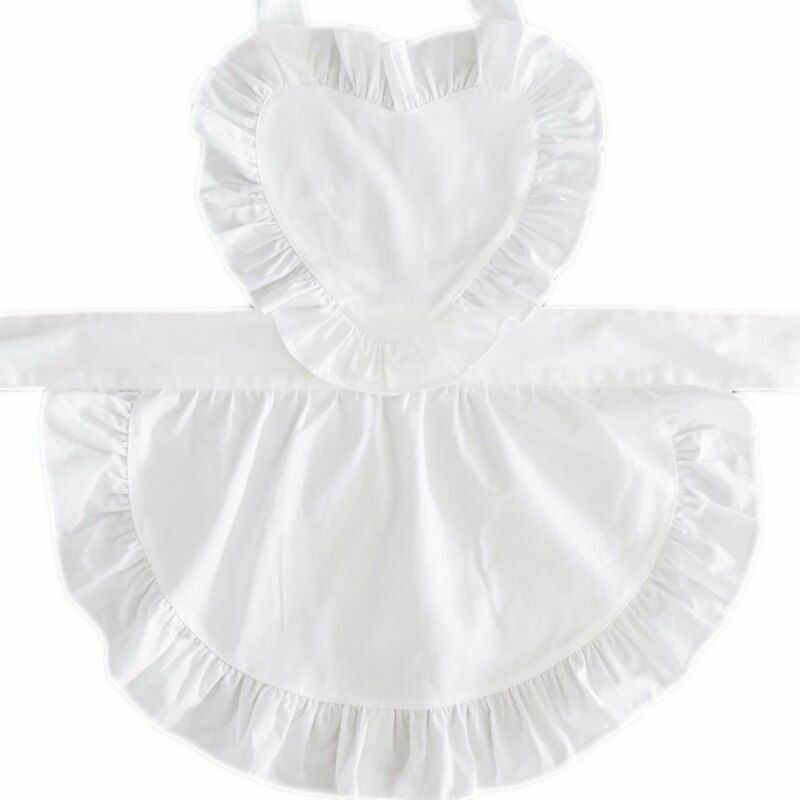 Women Plain White Aprons 57x49/66cm Cotton Ruffle Waitress Cosplay Work Wear Bib