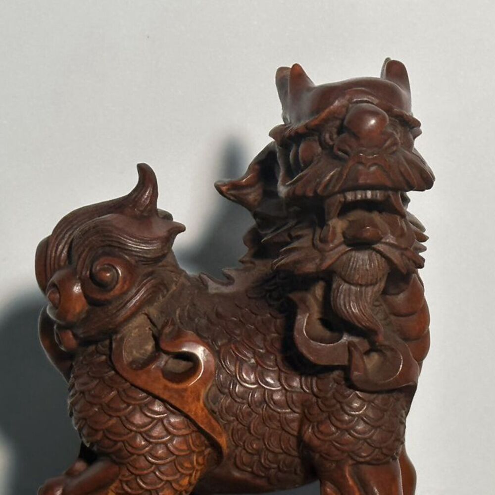 Chinese Boxwood Carving Unicorn Statue Decoration Woodwork Figurines Craft Gift