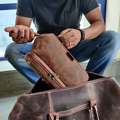 RUSTIC TOWN Genuine Leather Travel Cosmetic Bag - Hygiene Medium, Brown