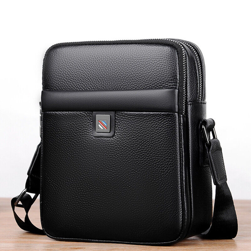 100% Genuine Leather Men's Double Zipper Sling Shoulder Messenger Bag Crossbody