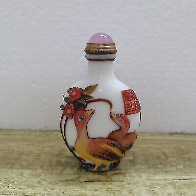 vintage carved painted peking glass bird charms cranes red white snuff bottle