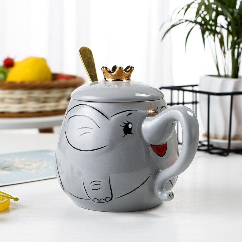Creative Drinkware Cup Cartoon Stereo Elephant Ceramic Coffee Mug with Lid Spoon