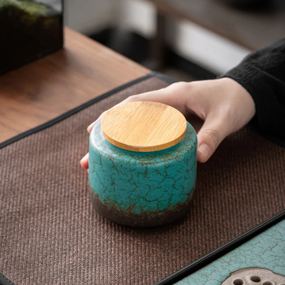 Green Ceramic Tea Storage Cansiter with Bamboo Lid