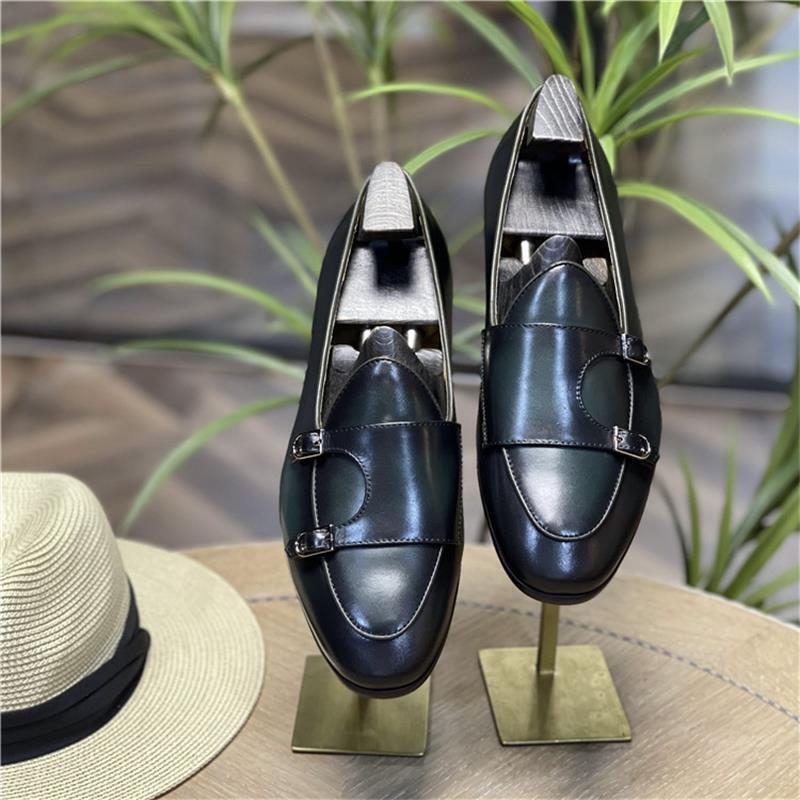 Men Loafers Leather Round Toe Low Heel Double Buckle Business Dress Shoes