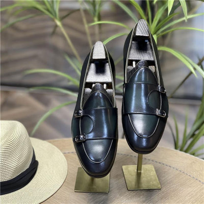 Men Loafers Leather Round Toe Low Heel Double Buckle Business Dress Shoes