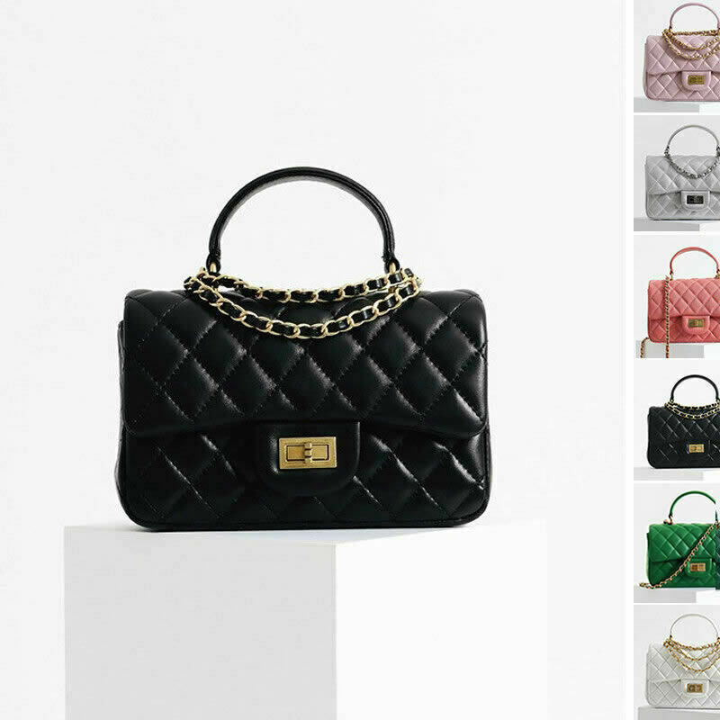 Small Quilted Lambskin Leather Handle Chain Tote Shoulder bag Crossbody Purse