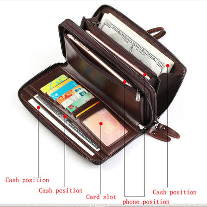 Men Business Leather Long Wallet Double Zipper Card Holder Clutch Bag Phone Case