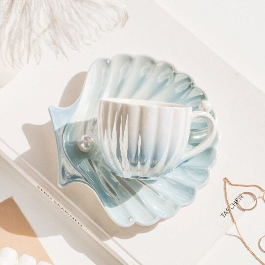 Ceramic Pearl Shell Cup with Dish Bright Coffee Cup for Girl