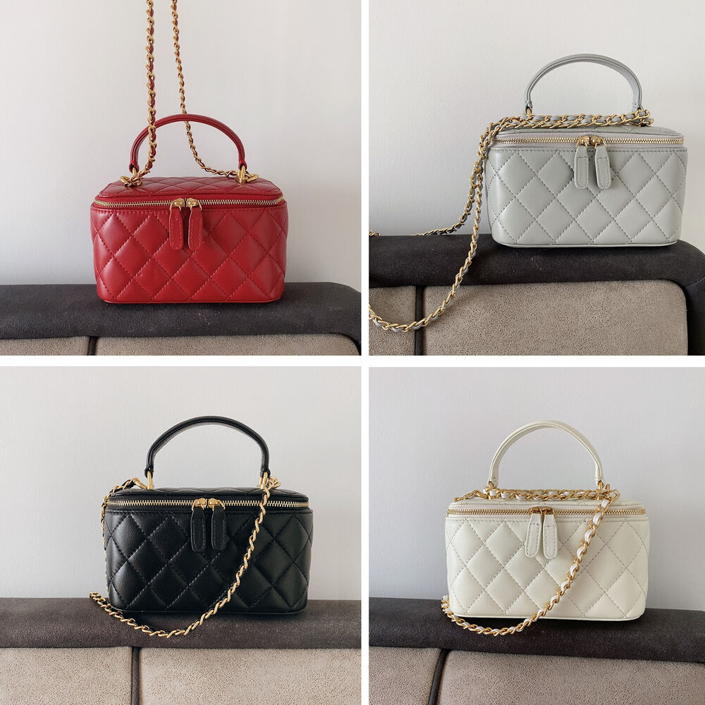 Quilted Lambskin Leather Vanity Case Chain Box Shoulder Bag ClutchTote Purse