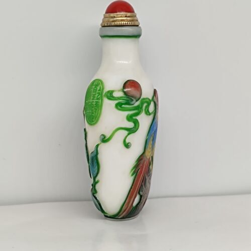 chinese carved tree bird statue peking glass snuff bottle painted Carving glaze