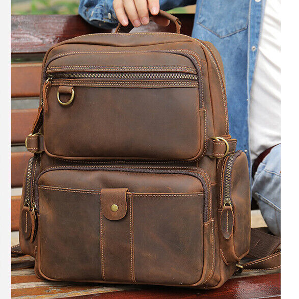 100% Crazy Horse Leather Men's Retro Backpack Travel Rucksack Daypack School Bag