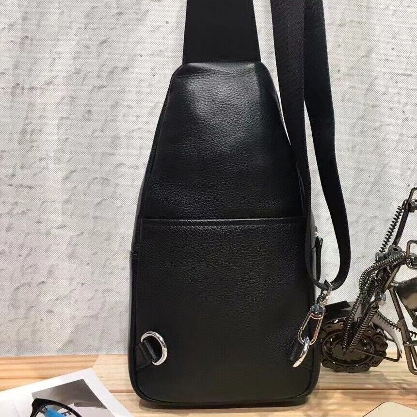 Top Soft Cow Leather Black Sling Backpack, Men's Crossbody Chest Bags for Hiking