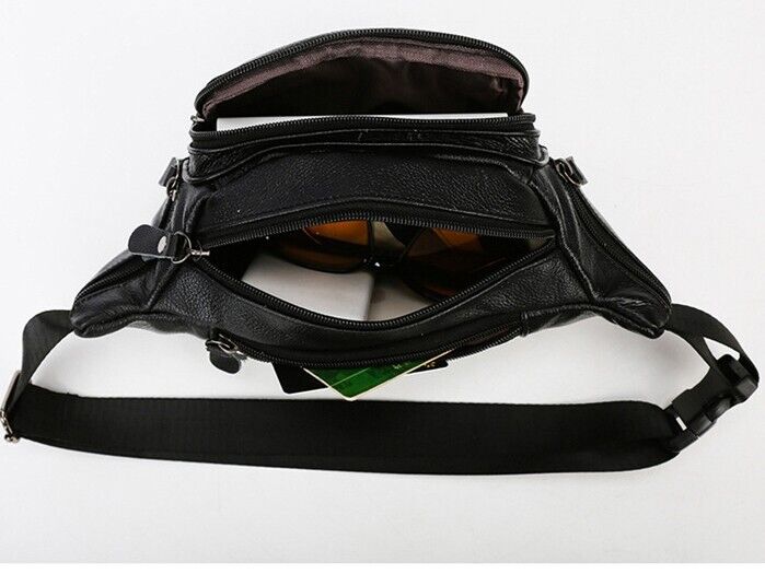 Cross-body Bag Genuine Leather Black Fanny Pack Men waist Bag Running
