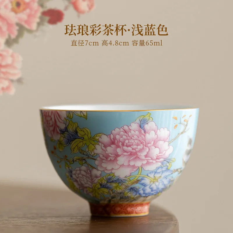 65ml Chinese Enamel Tea Cup Ceramic Peony Master Cup Tea Set Small Tea Bowl