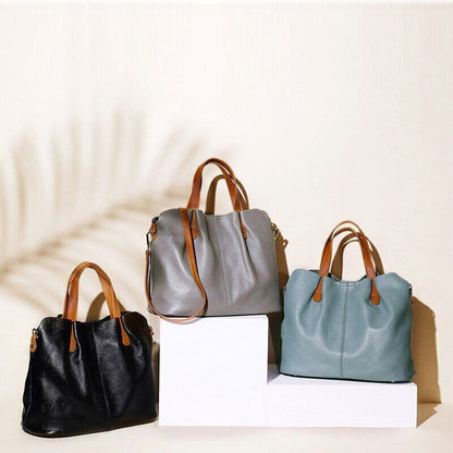 Genuine Leather Women Handbags Blue Cowhide Soft Female Shoulder Bag