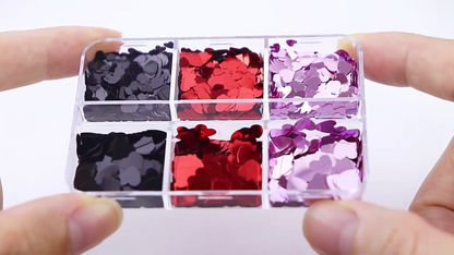 Nail Glitter Sequins 6Grids Mixed Red Black Heart Valentine's Day Manicure Decor