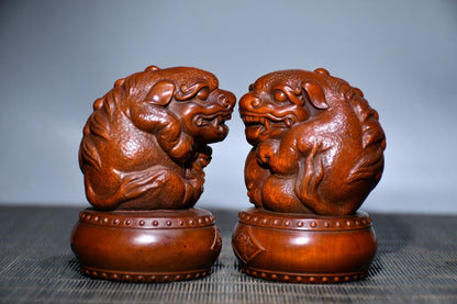 Vintage Chinese Boxwood Carving Exquisite A Pair Beast Statue Figurine Ornaments