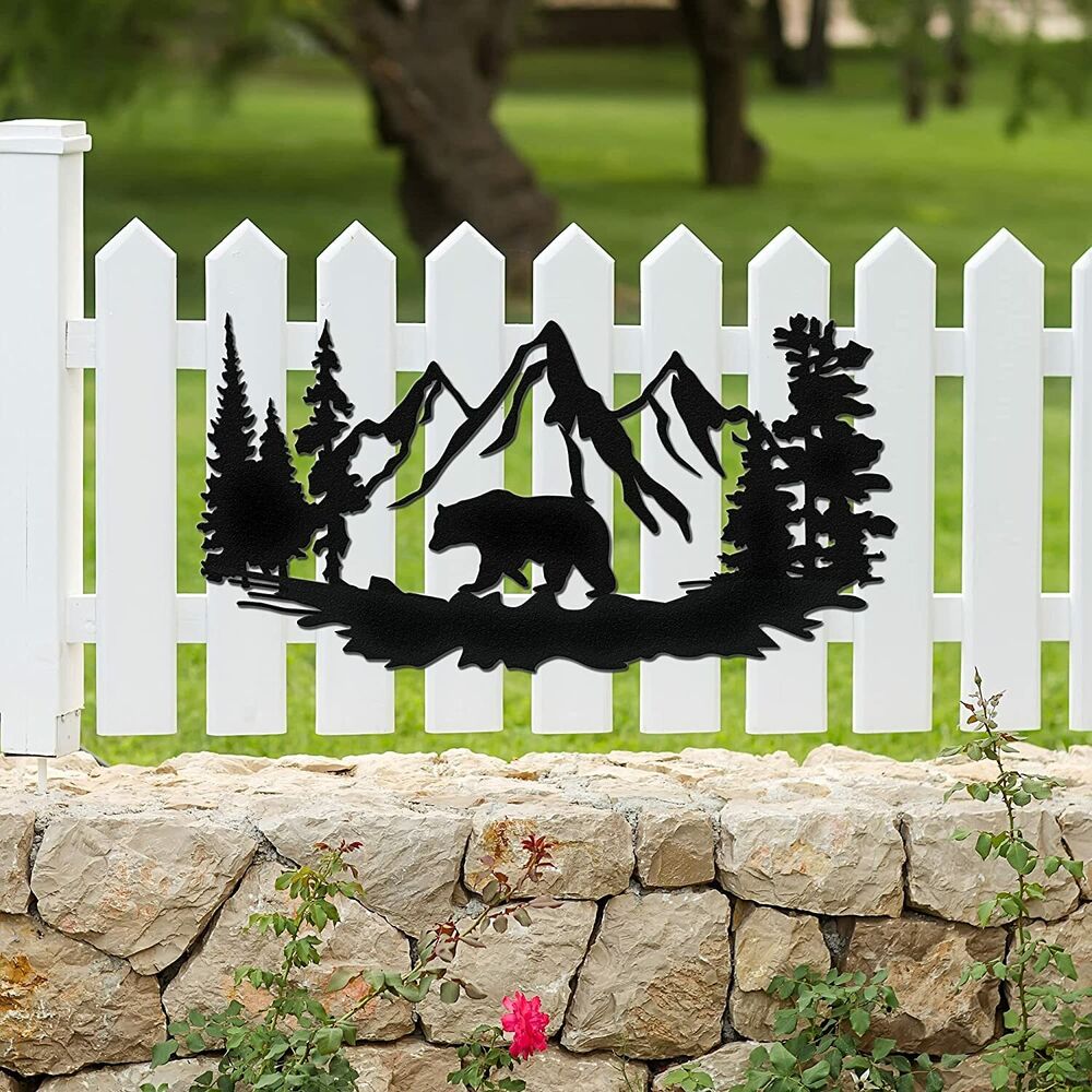 17.5”X9” Bear Wall Art for Cabin Hunting Pine Tree Cabin Lodge Metal Wall Decor