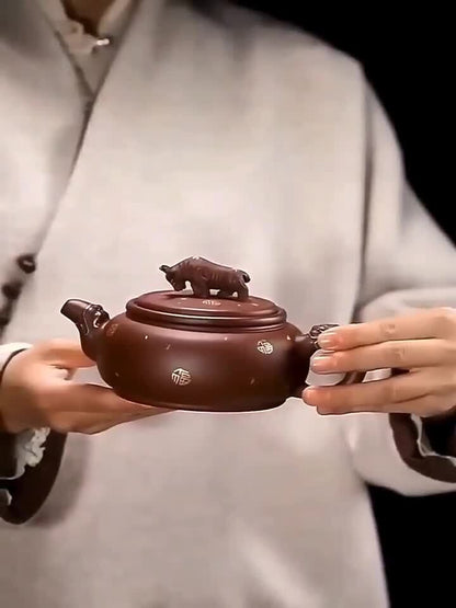 full handmade tea pot marked ox shape design statue mascot true yixing zisha pot