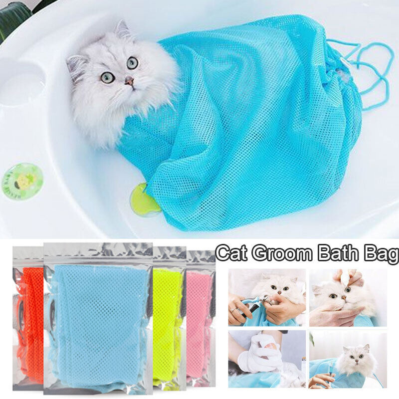 Mesh Cat Grooming Bath Bag Adjustable Pet Nail Trim Washing Clean Restraint Bag