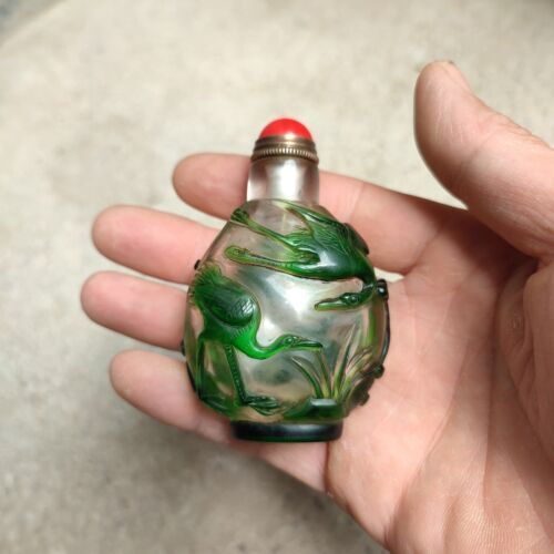 collections Old Beijing chinese glass snuff bottle carved crane statue clean art