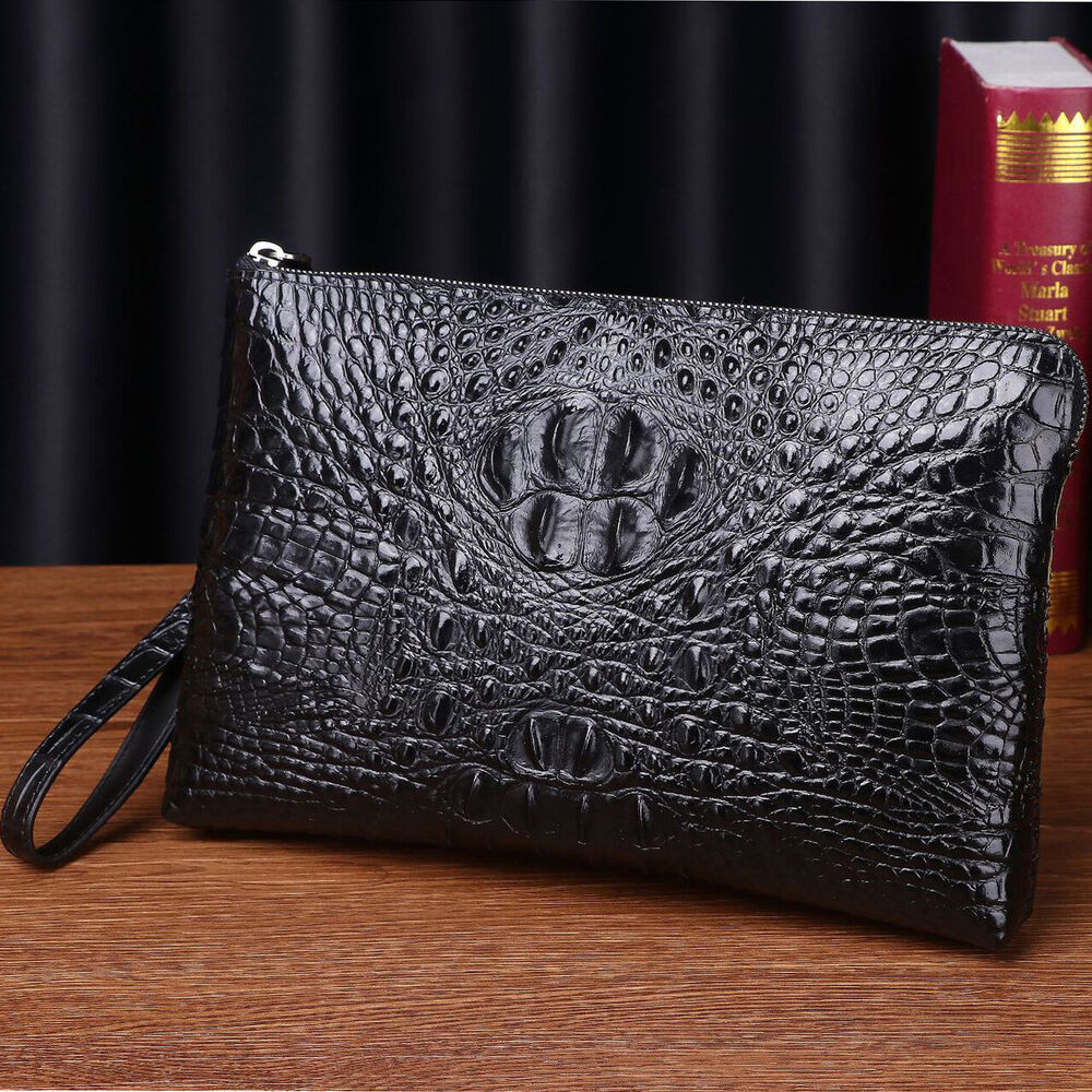 Top Cow Leather Men's Business Clutch, Luxury Crocodile Embossed Envelope Bags