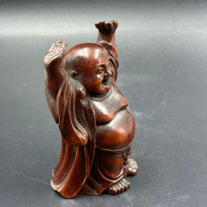 Chinese Vintage Boxwood Carving Laughing Buddha Statue Wooden Figurine Artwork