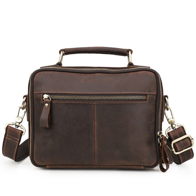 Crazy Horse Leather Men's Sling Shoulder/Messenger Bag Double Zipper 10" Handbag