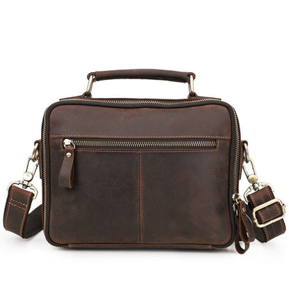 Crazy Horse Leather Men's Sling Shoulder/Messenger Bag Double Zipper 10" Handbag