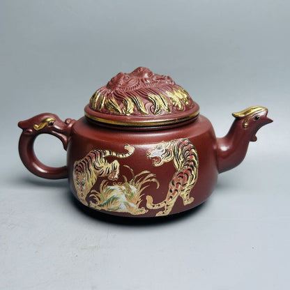 Chinese Yixing Purple Clay Teapot Zisha Ceremony Painted Tiger Nice Tea Set Rare