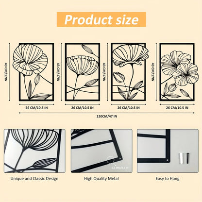 4 Piece Metal Lotus Flower Wall Decor, Floral Aesthetic Splicing Line Art