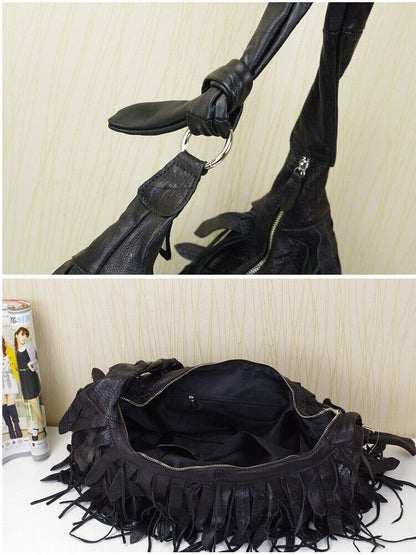 100% Genuine Leather Desinger Tassel Handbag Women's Black Tote Shoulder Bag