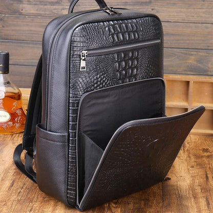 Top Cow Leather Black Men's Backpack, Crocodile Print Large Capacity Travel Bag
