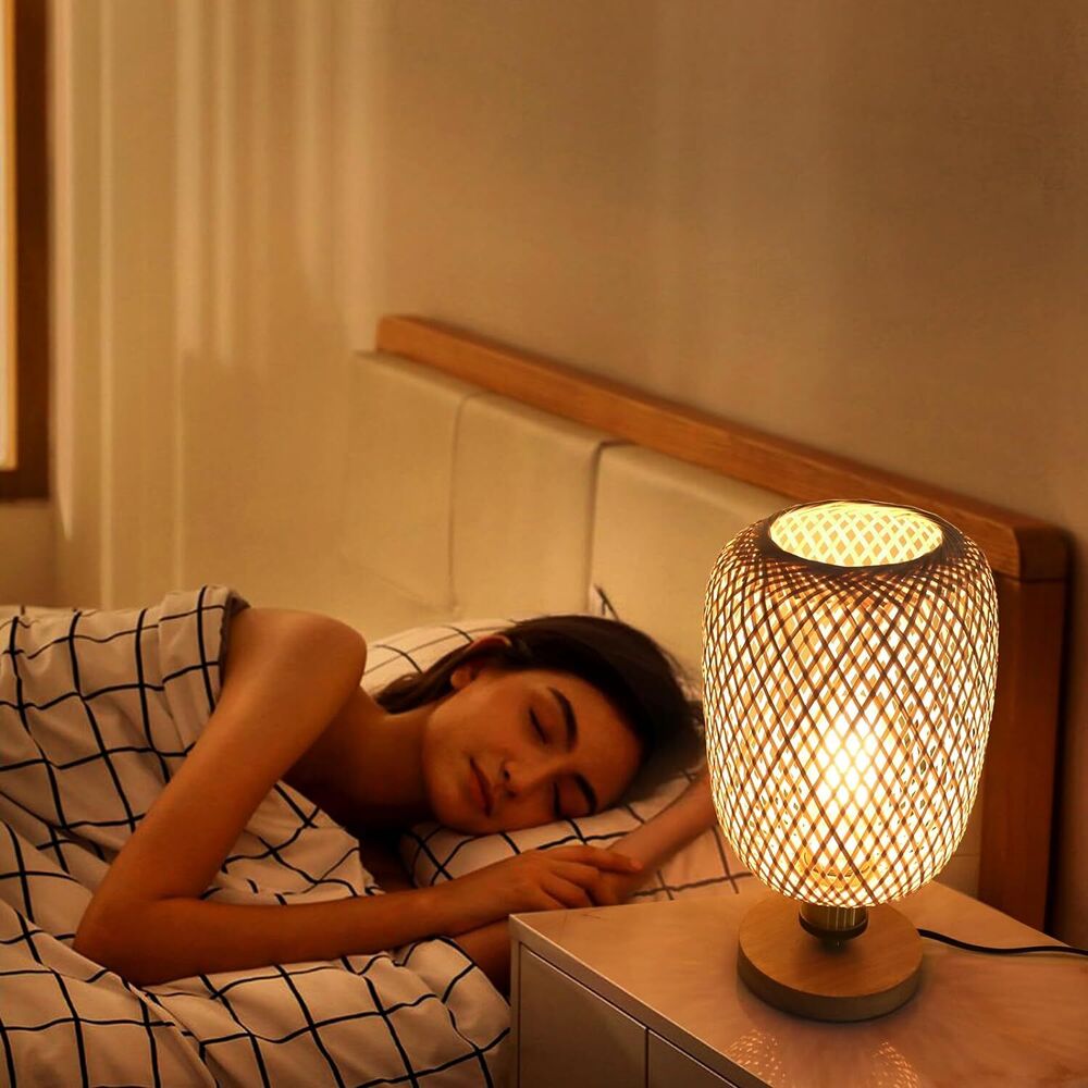 Handmade Rattan Woven Bedside Table Lamp Dimmable Boho Desk Home Decoration Gift