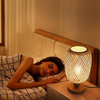 Handmade Rattan Woven Bedside Table Lamp Dimmable Boho Desk Home Decoration Gift