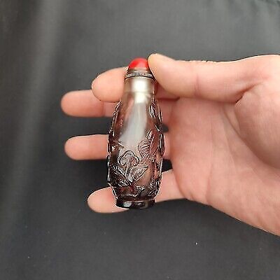 chinese carved glass snuff bottles asian antiques crane flower bird snuffbox art