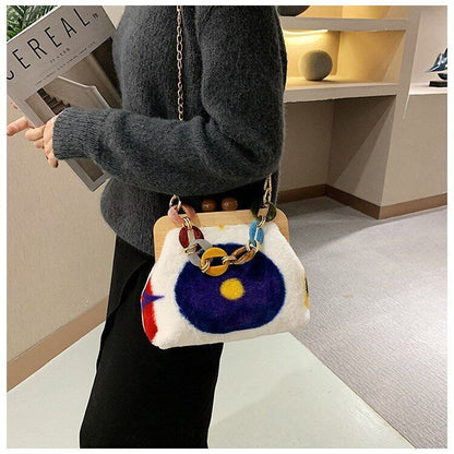 Clip Plush Handbag Acrylic Chain Shoulder Crossbody Bag Clutch 24*20*11 CM Hasp