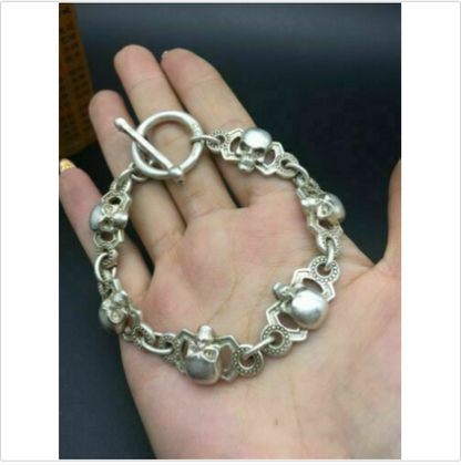 cool chinese rare old tibet silver hand cast skull statue bracelet jewel gift