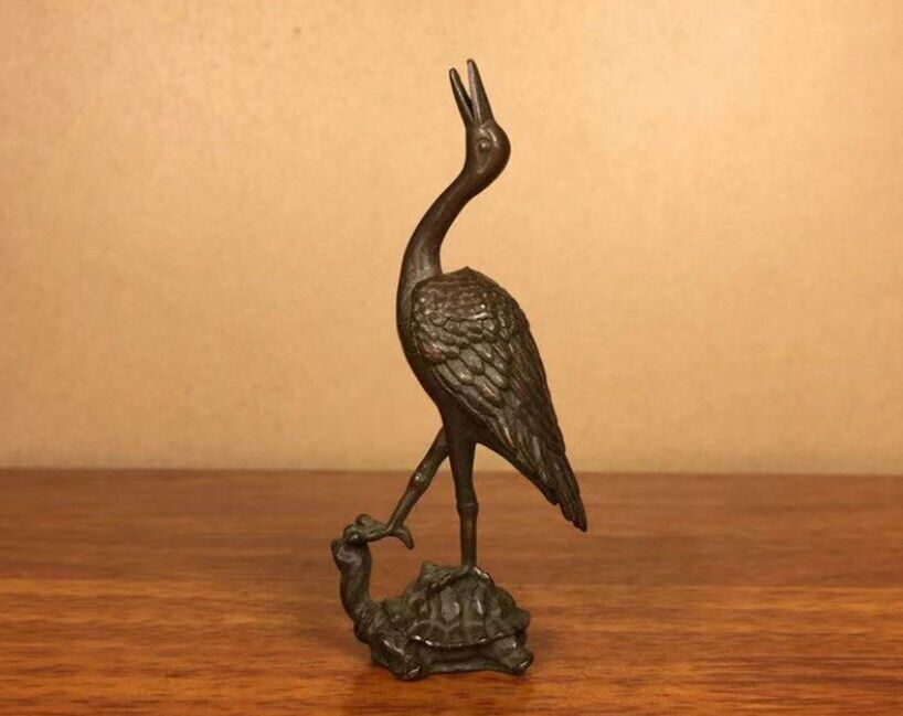 Rare Old Chinese Antique Copper Turtle Crane Statue Animal Netsuke