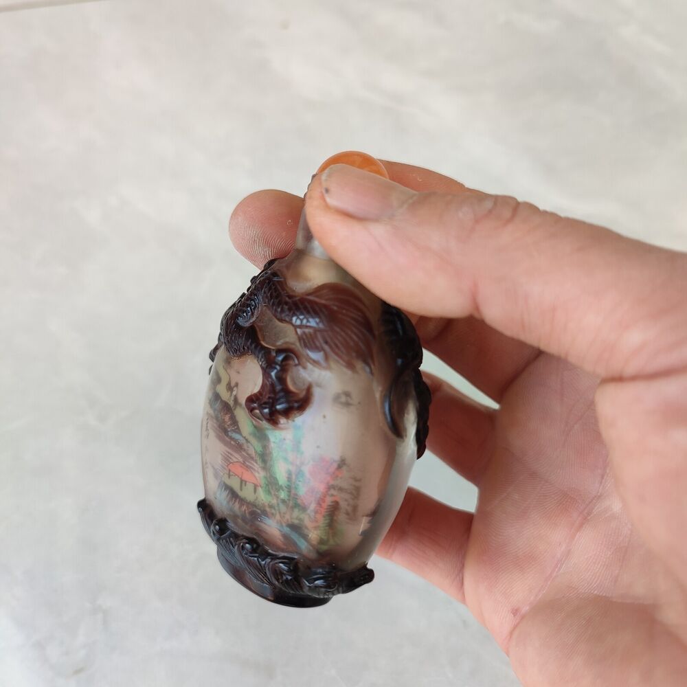 Chinese Carved Glass Snuff Bottle Inside Painting Dragon Sculpture Statue Rare