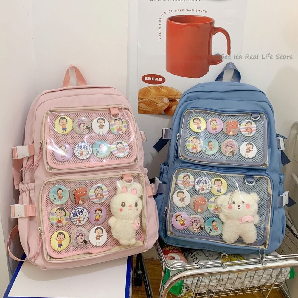 Girls Large School Pink Backpack Two Clear Pockets Display Women Big Bag