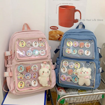 Girls Large School Pink Backpack Two Clear Pockets Display Women Big Bag