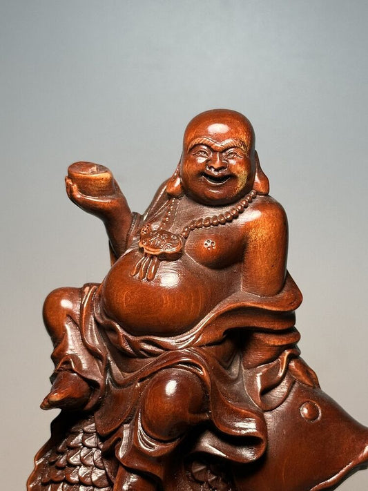 Chinese Boxwood Carving Sit Fish Laughing Buddha Statue Decor Wooden Sculpture