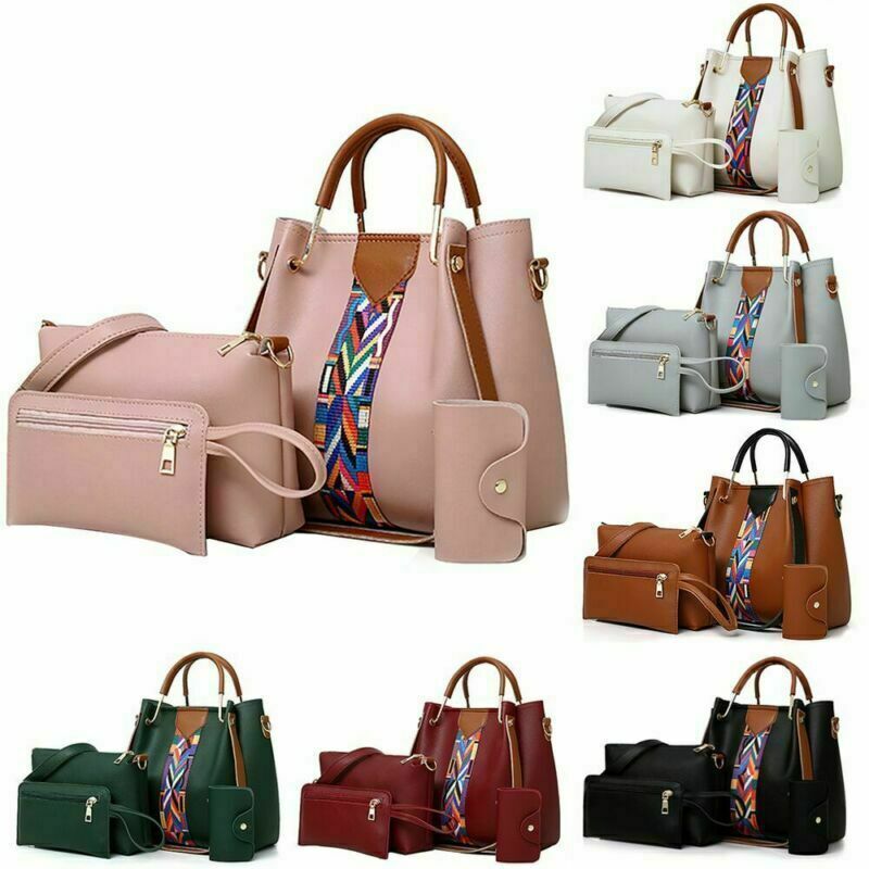 4PC Women PU Leather Handbag Shoulder Bag Crossbody Satchel Messenger Purse Tote