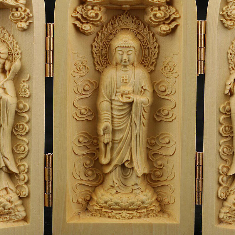 Buddha Statue Carved Wooden Sculpture Decor Three Open Box Home Ornaments NEW