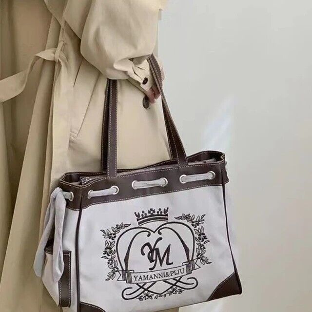 New Trendy Vintage Shoulder Bag For Women Embroidery Letters Heart Canvas Gift