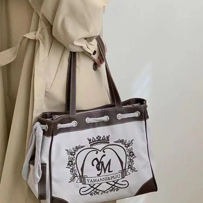 New Trendy Vintage Shoulder Bag For Women Embroidery Letters Heart Canvas Gift