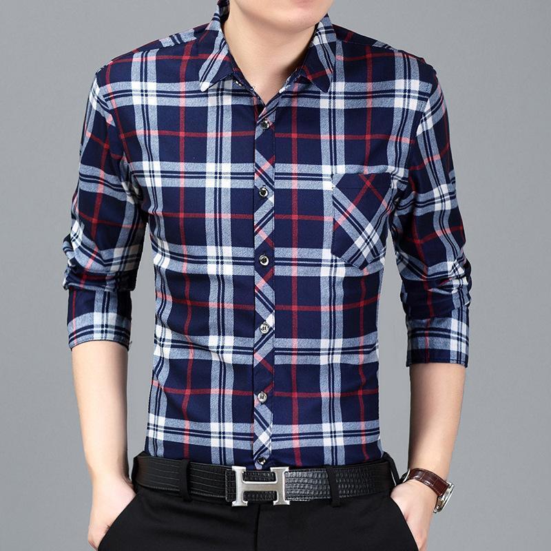 Camisa Con Botones a Cuadros Para Hombres Ropa Elegante De Manga Larga Negocios