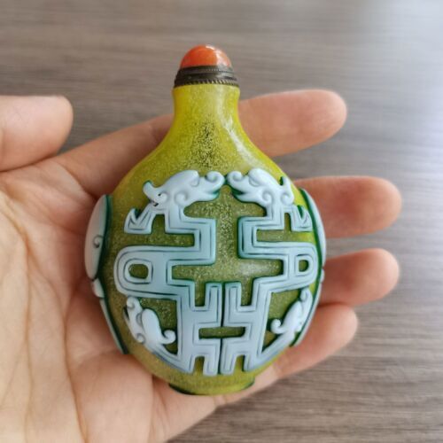 Chinese Colored Glazed Carved Double Sided Dragon Pattern Snuff Bottle Glass art