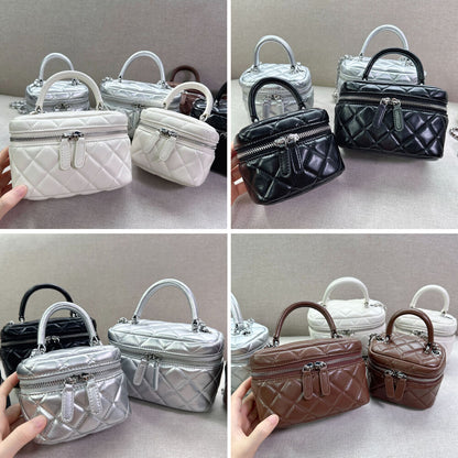 Mini Quilted Real Leather Vanity Case Box Purse Clutch Tote Shoulder Bag Chains
